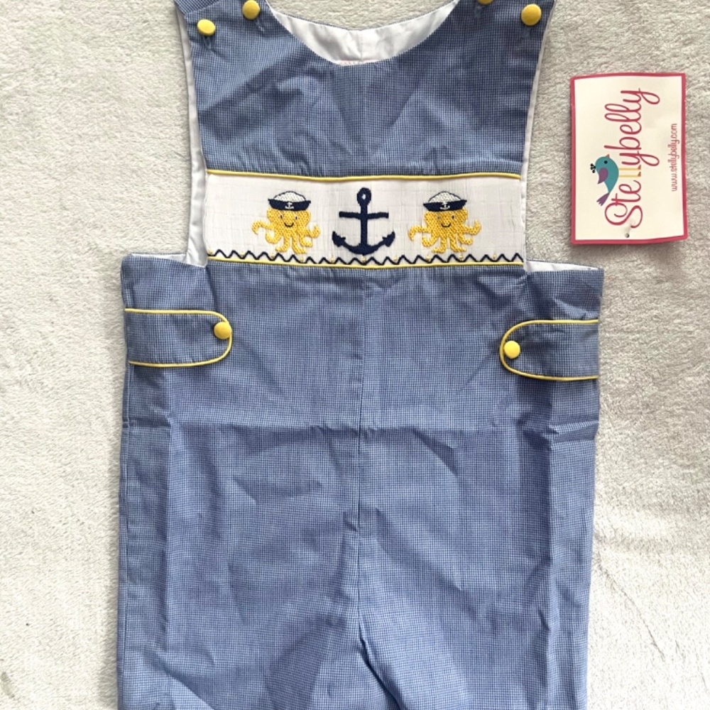NWT Stellybelly Smocked Octopus Friends Shortall - Blue Micro-Gingham Size 3T